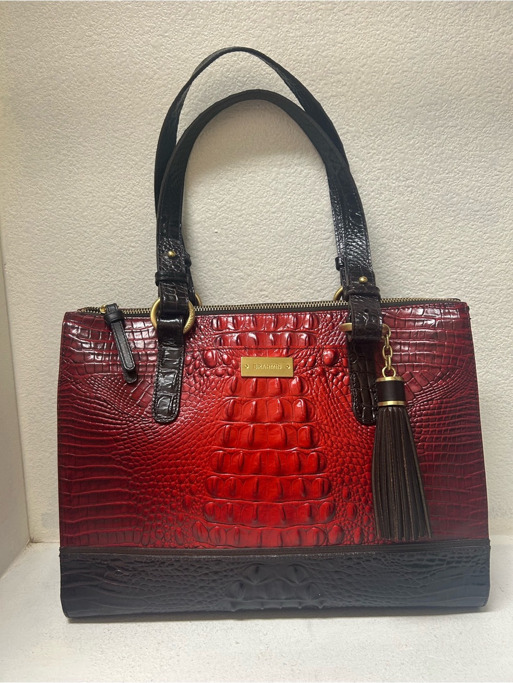 Brahmin Red Croc-Embossed Tote with Dark Brown Trim and Tassel